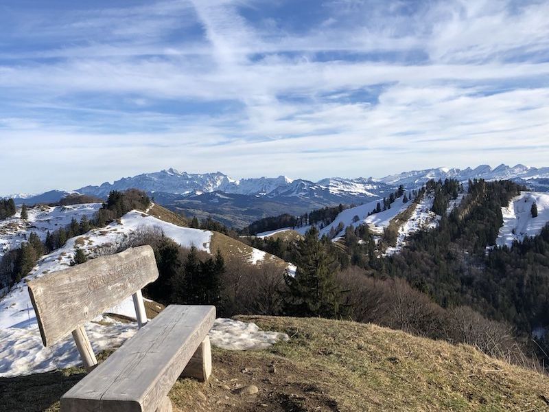 11_Die Chrüzegg mit ihrer schönen Gipfelbank. Im Hintergrund Säntis und Churfirsten, rechts der Tweralpspitz