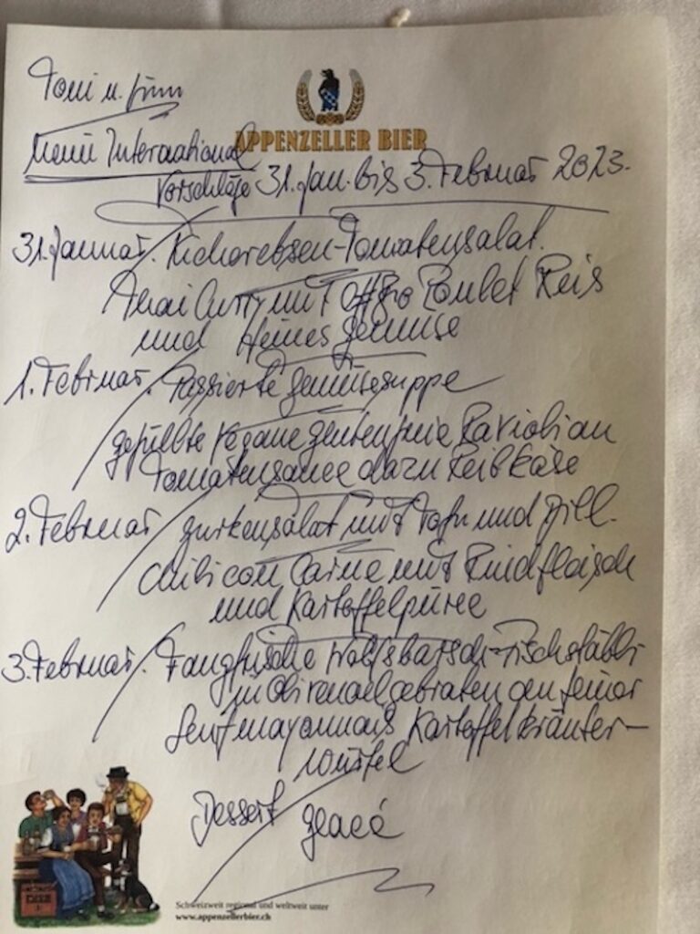 Franz Kluges handschriftliche Menükarte