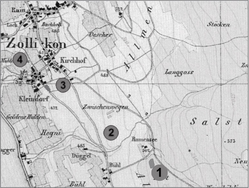 Das Wasser des «alten» Rumensees (1) wurde via Düggelbach (2) und «Mühlibächli» in den Teich im Zolliker Kleindorf (3) geleitet, von wo es in einem offenen Kanal zur Mühle und zur Sägerei (4) floss (Grafiken: rs)