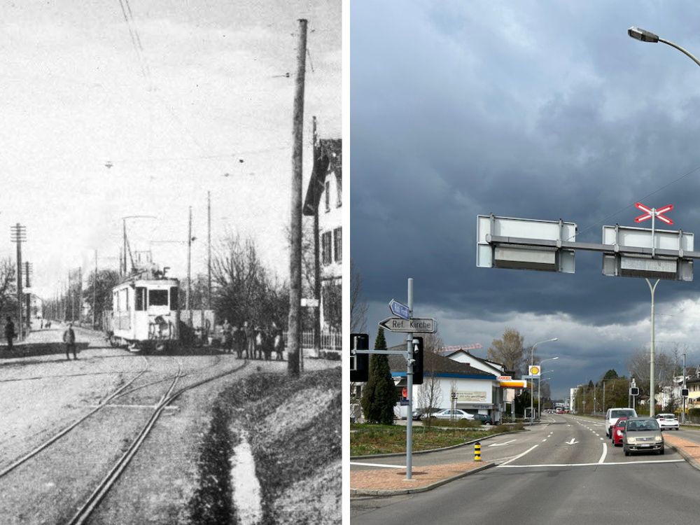 Die Rosengartenkreuzung im Zollikerberg um 1917 und 2023 (Fotos: Adrian Michael, Ortsmuseum Zollikon)