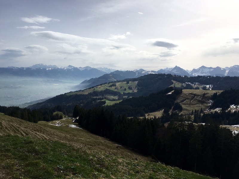 Die dunstige Linthebene. Im Hintergrund Säntis, Speer, Federispitz und rechts die Wägitaler Gipfel