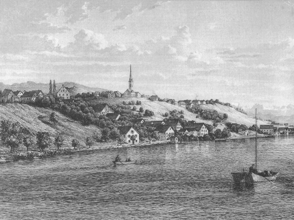 Um 1830: Zolliker Seeuferweg in idyllischer Landschaft (Abb.: Zolliker Ortsmuseum)