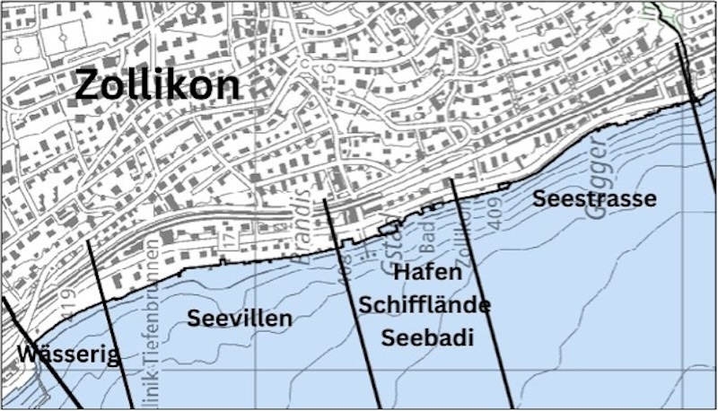 Schwarz eingezeichnet: der einst geplante Seeuferweg auf Zolliker Gemeindegebiet