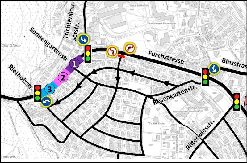 Plan des Nadelöhrs zwischen Rietholz- und Sonnengartenstrasse