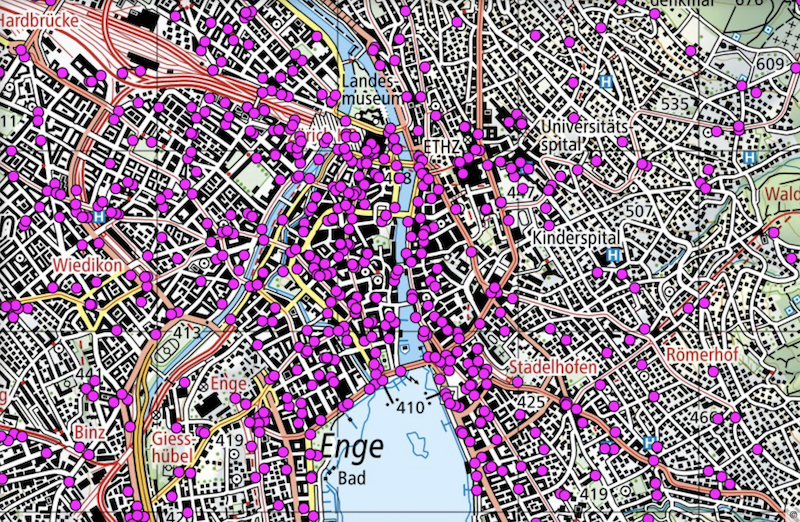 Mobilfunk-Antennendichte in Zürich (Karte im selben Massstab)