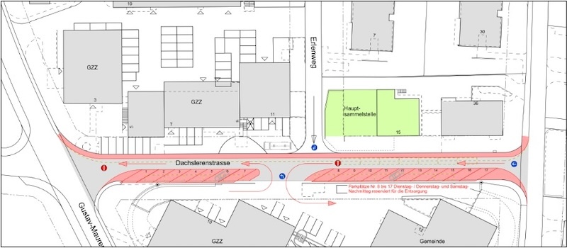 Konzept von 2021: Hauptsammelstelle (grün), schräg angeordnete Parkplätze auf der Dachslerenstrasse (rot)