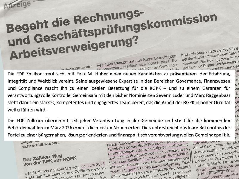 Raggenbass-Inserat, FDP-Statement von gestern