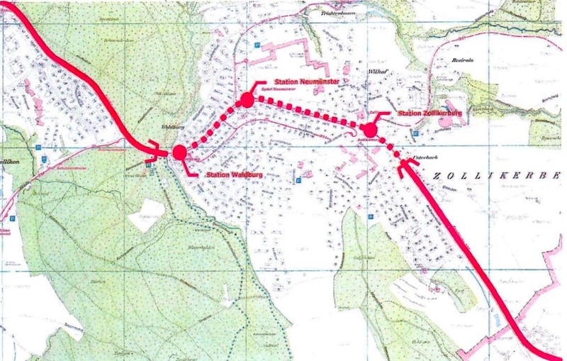 Gepunktet: der geplante Forchbahn-Tunnel (Grafik: Wolf, Kropf und Partner)