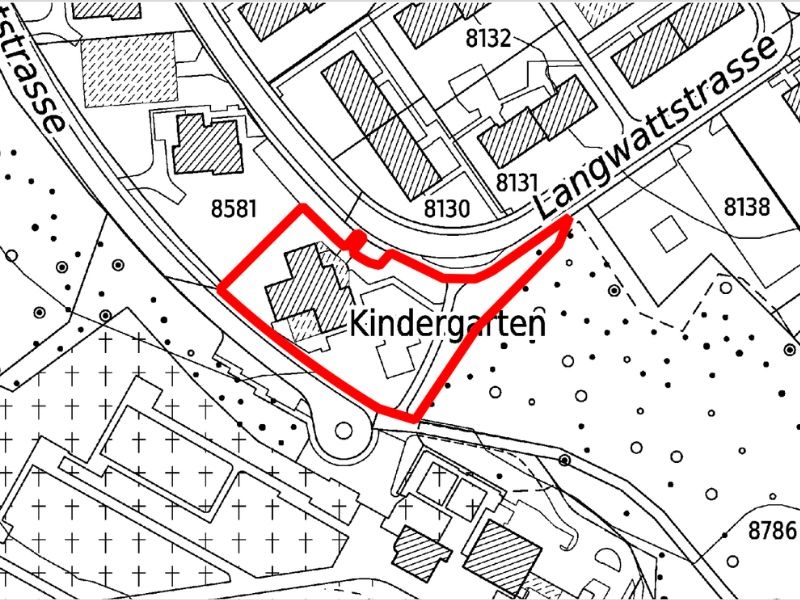 Kindergarten und benachbartes Hochhaus auf der Parzelle 8581 (gis-Browser ZH)